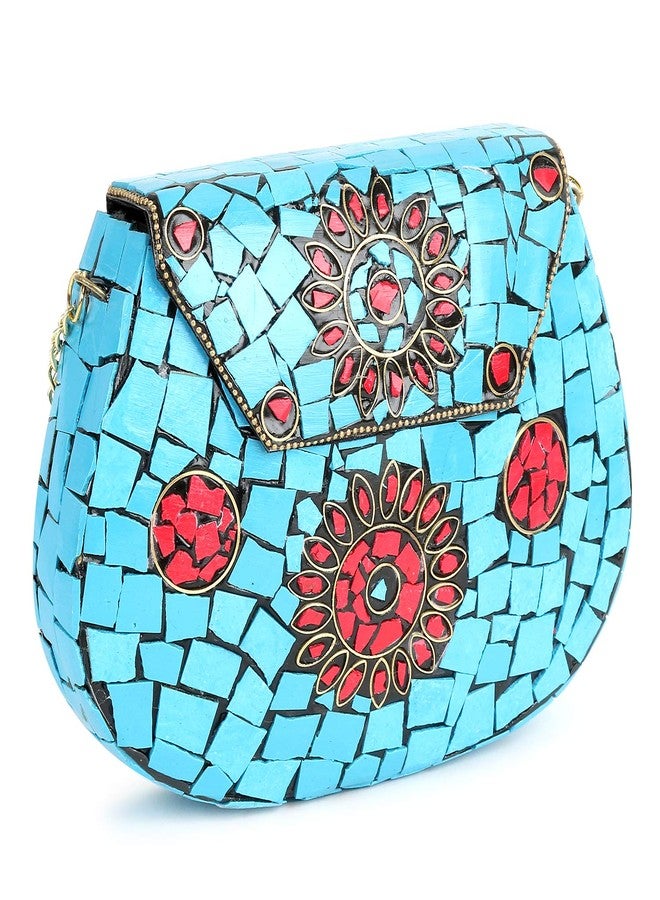 Voila Women's Sky Blue Chipped Stone Handmade Brass Clutch - Image 2